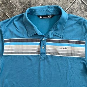 TRAVIS MATHEW Teal, Tan & Gray Striped Polo Golf Shirt Sporty Athleisure Preppy